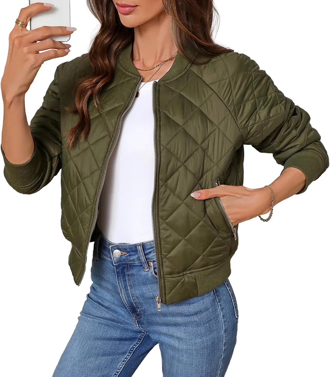 Women's Quilted Jackets Lightweight Zip up Bomber Jacket Long Sleeve Casual Y2K Jacket with Pockets
