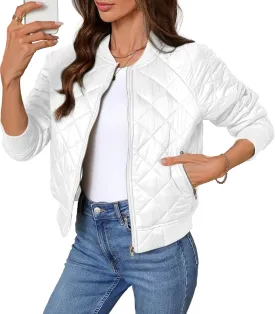 Women's Quilted Jackets Lightweight Zip up Bomber Jacket Long Sleeve Casual Y2K Jacket with Pockets