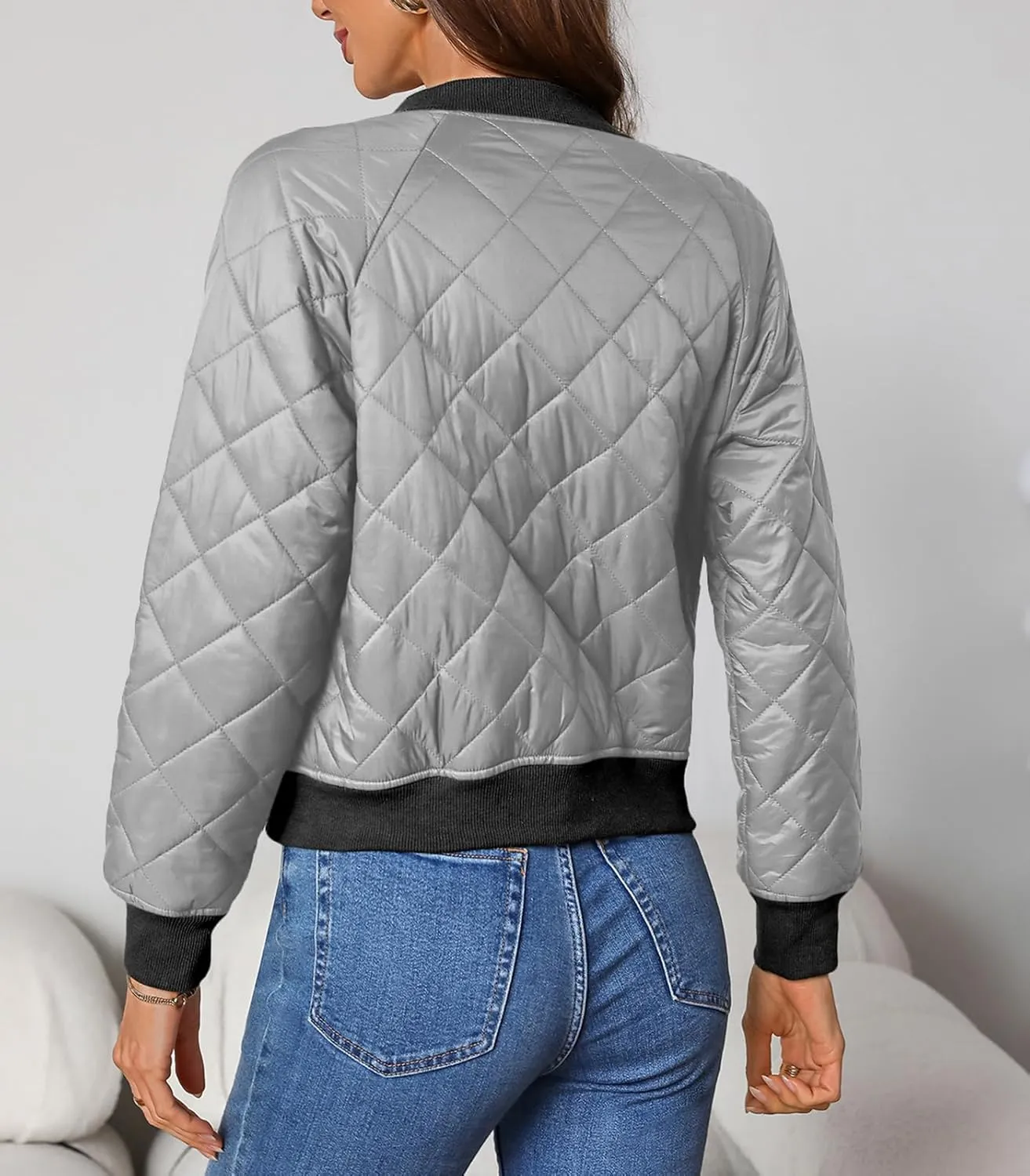 Women's Quilted Jackets Lightweight Zip up Bomber Jacket Long Sleeve Casual Y2K Jacket with Pockets