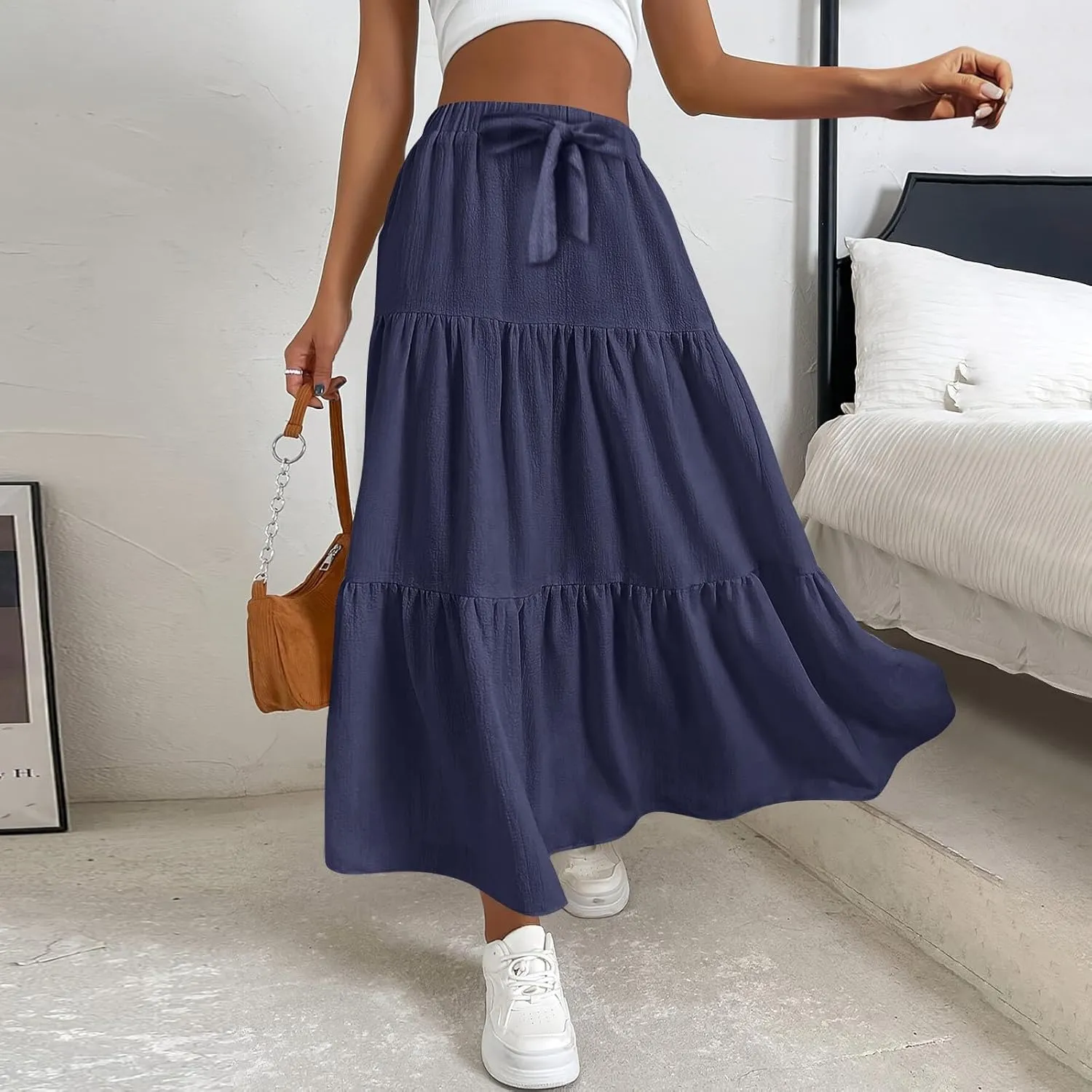 Women??s Summer Boho Skirts Fashion Elastic High Waisted Drawstring Ruffle Hem Maxi Skirts Flowy Tiered A Line Skort