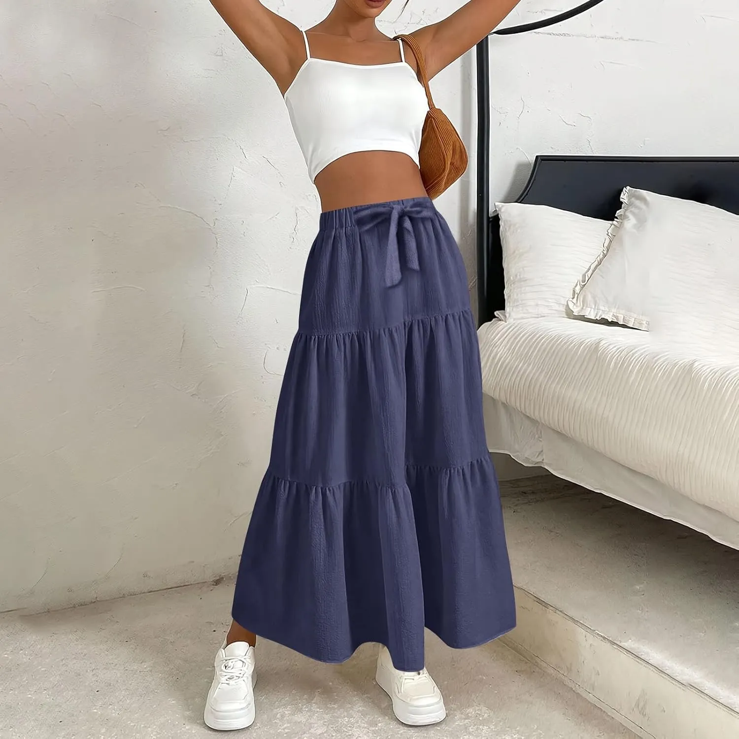 Women??s Summer Boho Skirts Fashion Elastic High Waisted Drawstring Ruffle Hem Maxi Skirts Flowy Tiered A Line Skort