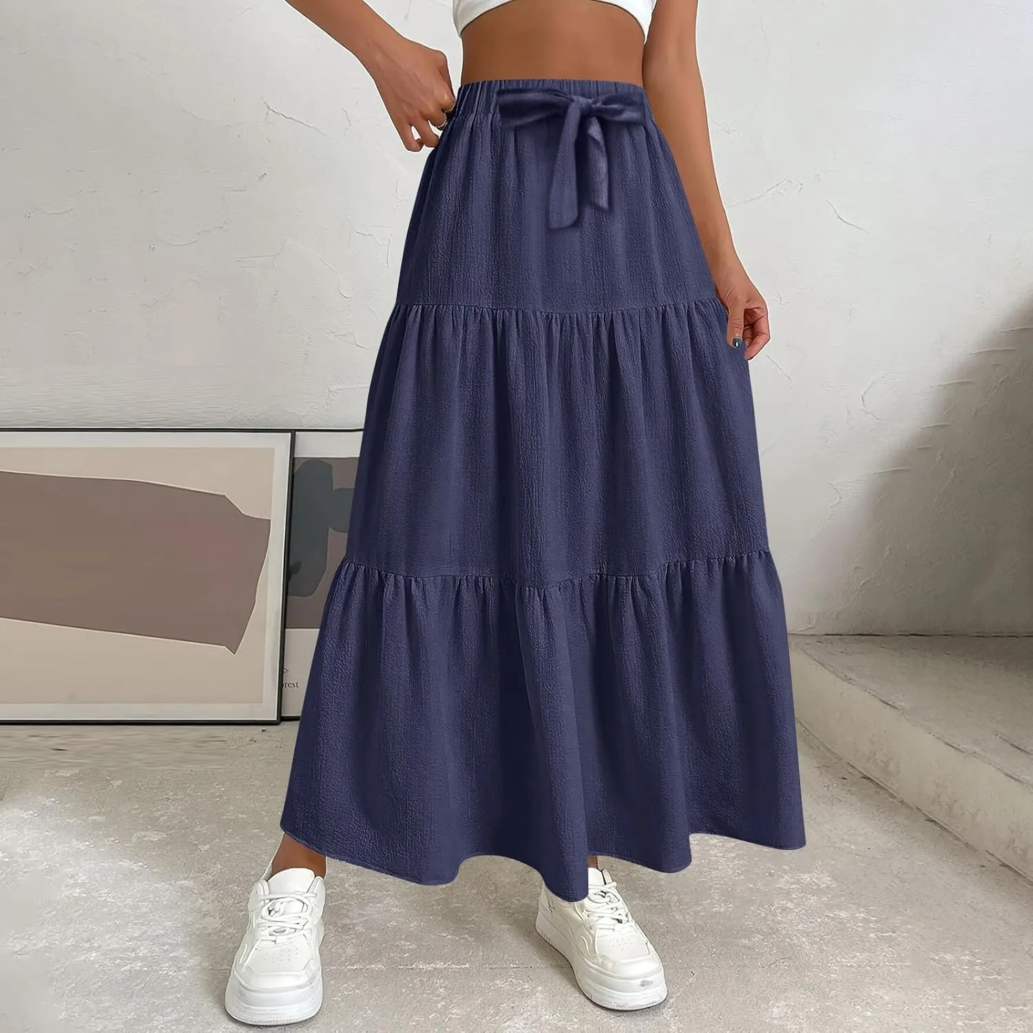 Women??s Summer Boho Skirts Fashion Elastic High Waisted Drawstring Ruffle Hem Maxi Skirts Flowy Tiered A Line Skort