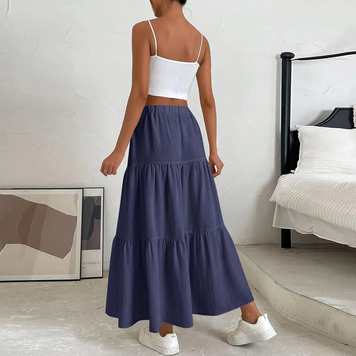 Women??s Summer Boho Skirts Fashion Elastic High Waisted Drawstring Ruffle Hem Maxi Skirts Flowy Tiered A Line Skort