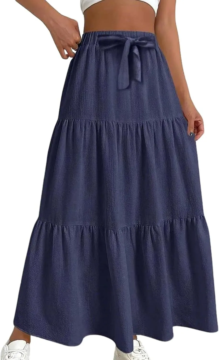 Women??s Summer Boho Skirts Fashion Elastic High Waisted Drawstring Ruffle Hem Maxi Skirts Flowy Tiered A Line Skort