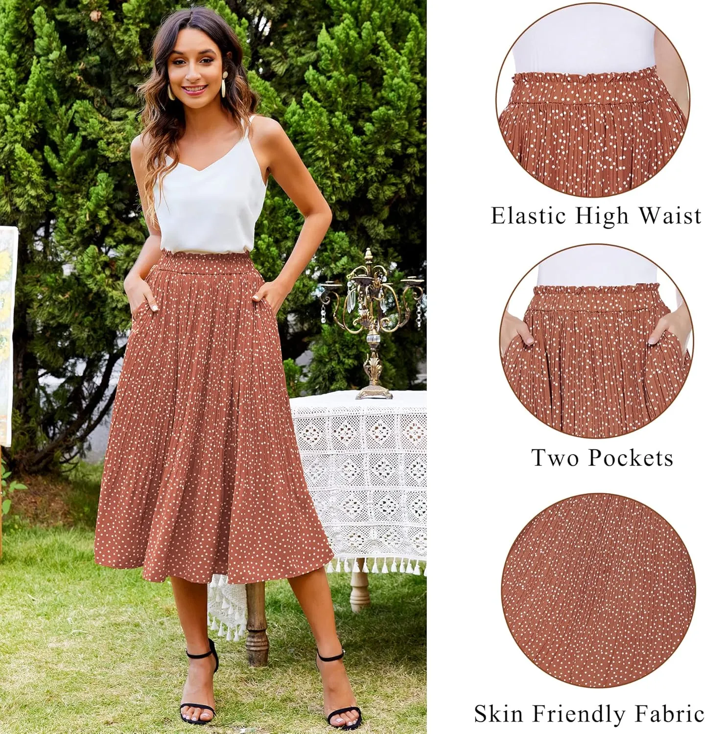 Zeagoo Women's Midi Skirts High Waisted Pleated A-Line Swing Skirts Summer Floral Long Skirts with Pockets