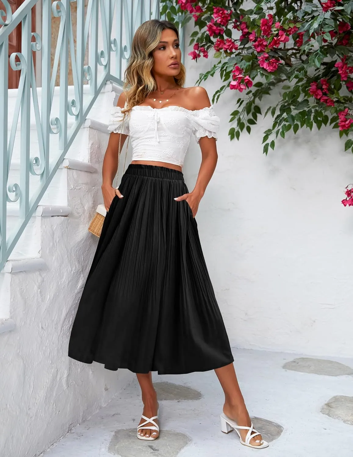 Zeagoo Women's Midi Skirts High Waisted Pleated A-Line Swing Skirts Summer Floral Long Skirts with Pockets