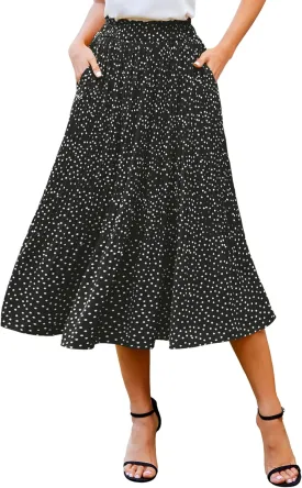 Zeagoo Women's Midi Skirts High Waisted Pleated A-Line Swing Skirts Summer Floral Long Skirts with Pockets